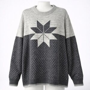 Lands End Wool Snowflake Fair Isle Gray Sweater Crew Neck Nordic L Apre Ski Y2K